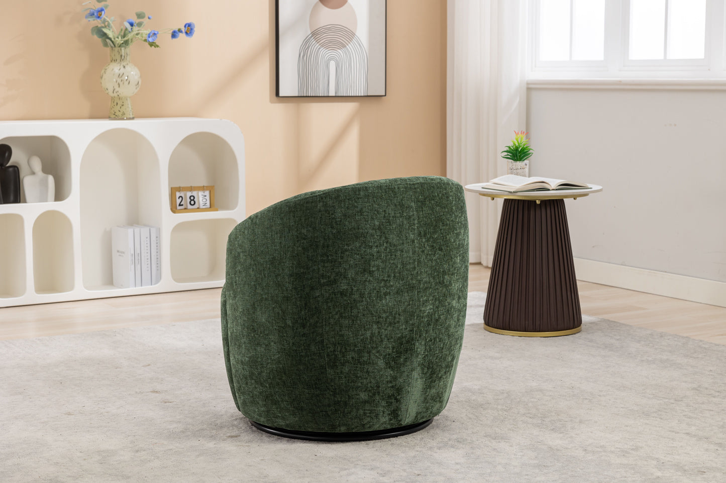Chenille Fabric Swivel Accent Armchair Barrel Chair With Black Powder Coating Metal Ring - Green