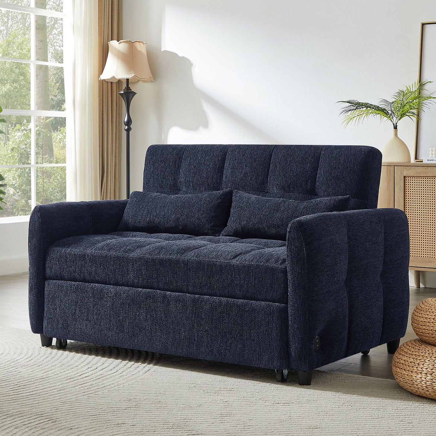 Loveseat Sofa Pull Out Sofa Bed Tufted Sleeper Sofa With An Adjustable Backrest, 3 USB Ports And 2 Lumbar Pillows For Living Room - Blue