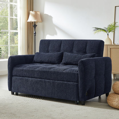 Loveseat Sofa Pull Out Sofa Bed Tufted Sleeper Sofa With An Adjustable Backrest, 3 USB Ports And 2 Lumbar Pillows For Living Room - Blue
