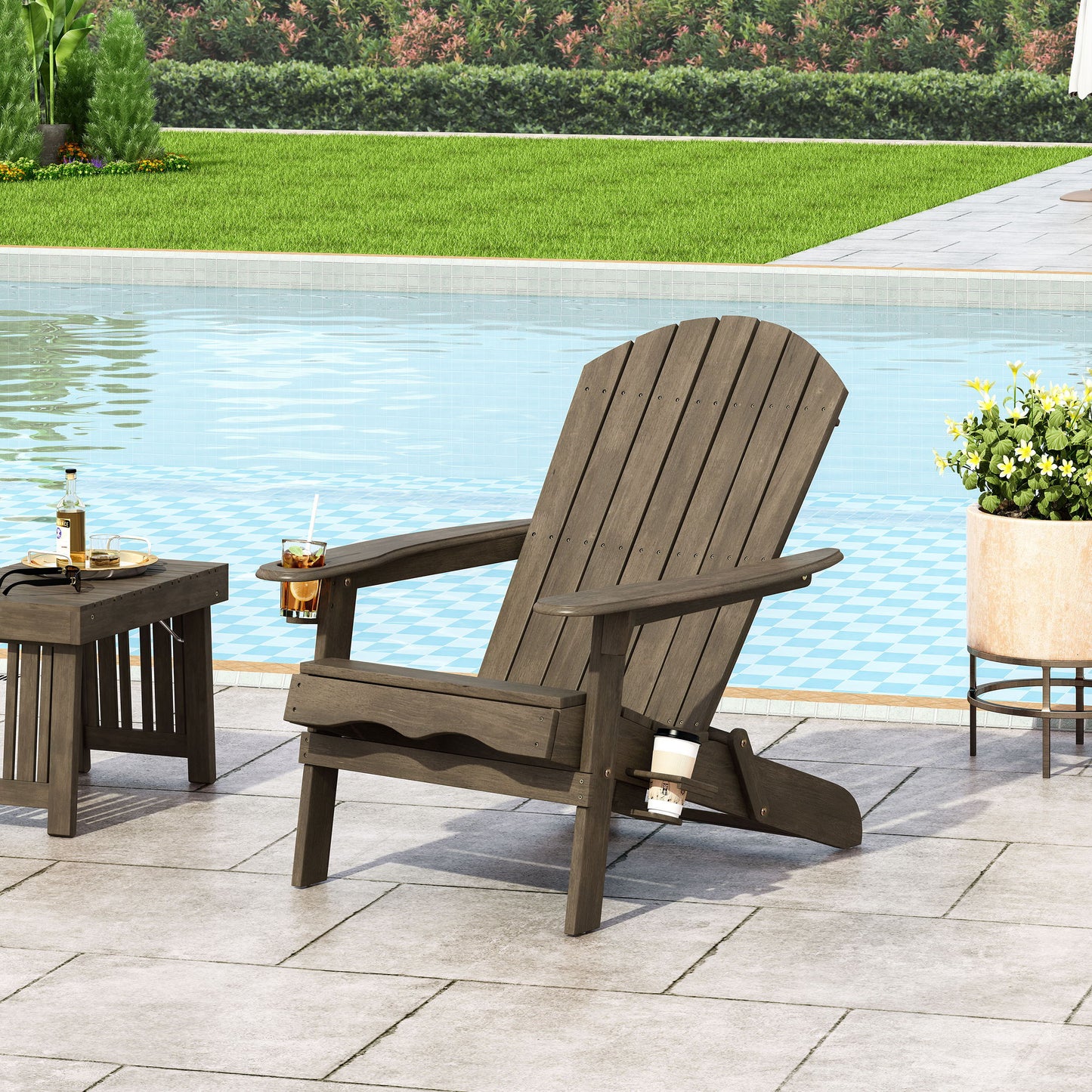Zenithia - Outdoor Foldable Adirondack Chair With 2 Cup Holders - Gray