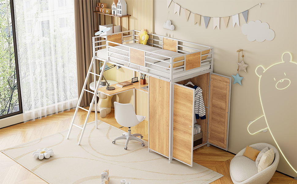 Twin Size Loft Bed With L Shape Desk And Wardrobe - White