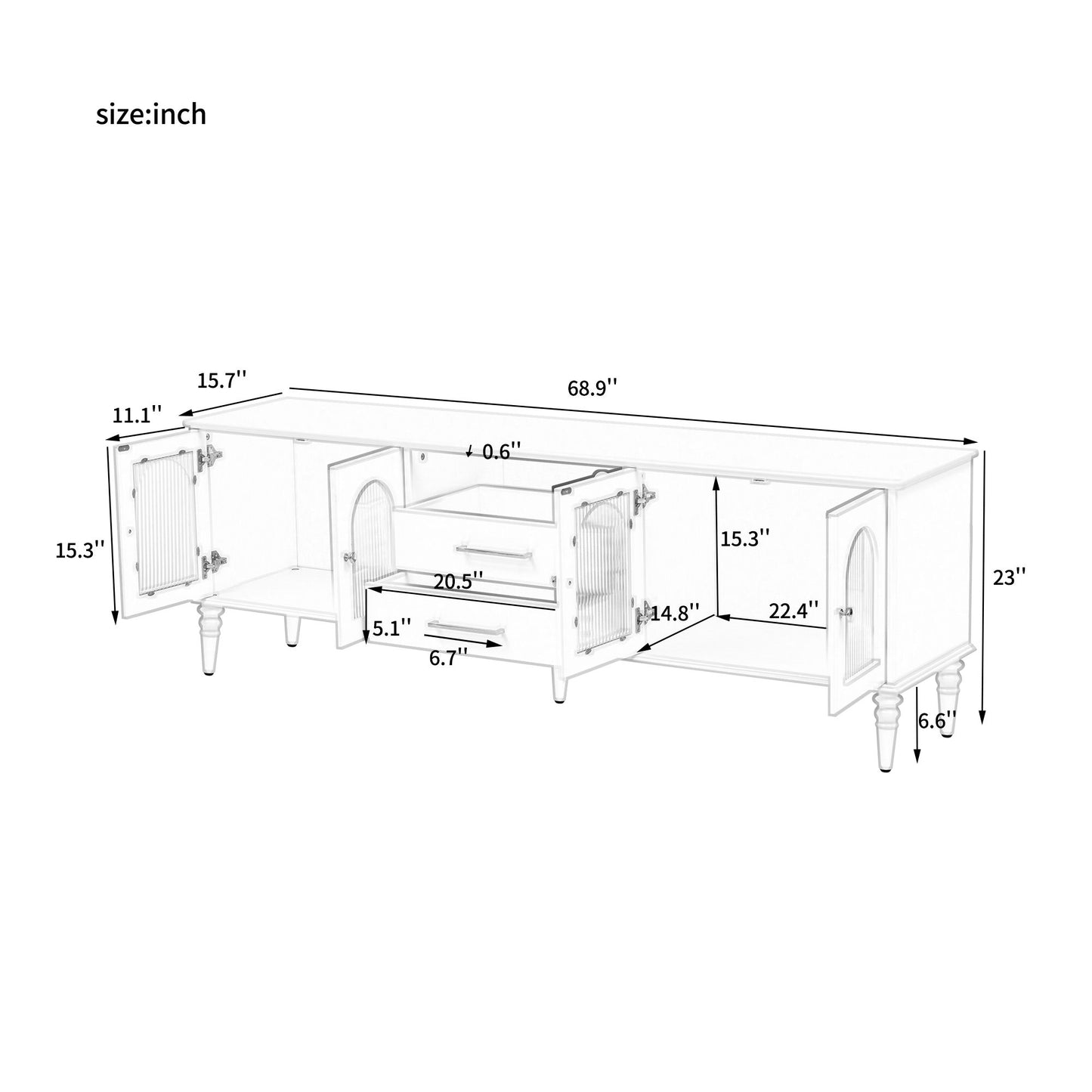 Retro TV Stand For TVs Up To 75", Entertainment Center Media Console With Fluted Glass Doors And 5 Solid Wood Legs For Living Room - White