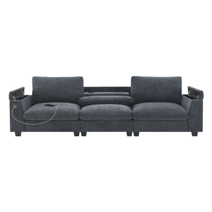 Sectional With Bluetooth Speaker Comfy Cloud Couch Set With Drop Down Table Cup Holders, USB Charger Storage Armrest Wide Seat Sofa - Dark Gray