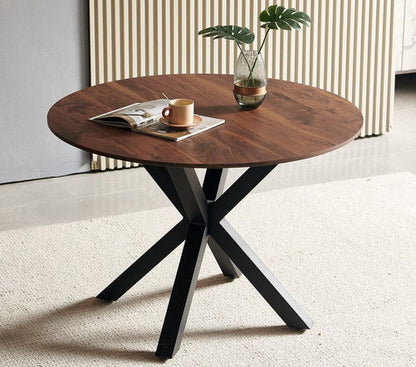 Wood Table Mid-Century Dining Table For 4 - 6 People With Round MDF Table Top, Pedestal Dining Table, End Table Leisure Coffee Table, Cross Leg - Matte Black / Natural