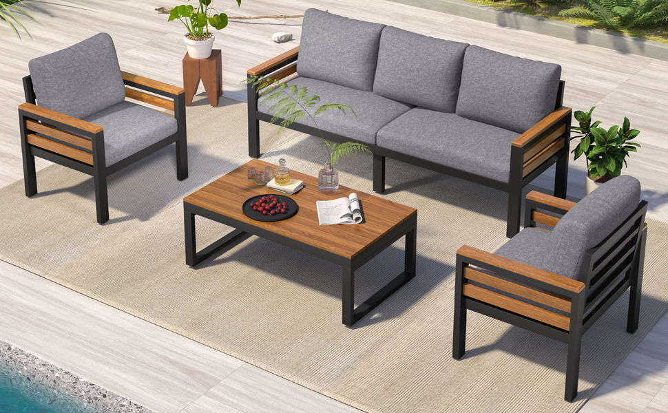 4 Piece Outdoor Furniture Sofa Set For 5 People With Acacia Wood Armrests, Patio Conversation Set With Removable Cushion And Solid Wood Coffee Table For Garden And Backyard - Gray