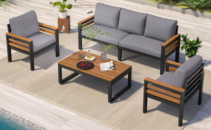 4 Piece Outdoor Furniture Sofa Set For 5 People With Acacia Wood Armrests, Patio Conversation Set With Removable Cushion And Solid Wood Coffee Table For Garden And Backyard - Gray