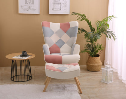 Accent Chair With Ottoman, Living Room Chair And Ottoman Set, Comfy Side Armchair For Bedroom, Creative Splicing Cloth Surface - Pink