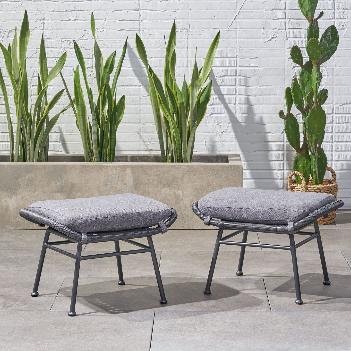 Outdoor Modern Boho Wicker Ottoman With Cushions (Set of 2) - Gray