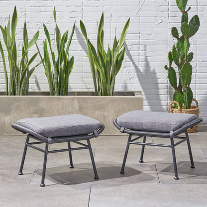 Outdoor Modern Boho Wicker Ottoman With Cushions (Set of 2) - Gray