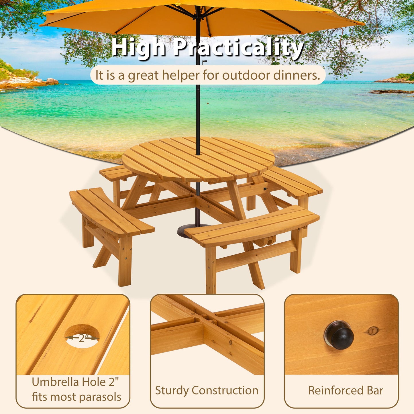 8 Person Wooden Picnic Table, Outdoor Camping Dining Table With Seat, Garden, Diy With 4 Built-In Benches, 2220Lb Capacity - Natural