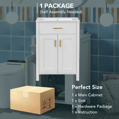 Bathroom Vanity Combo With Ceramic Sink, Luxurious Space-Saving Vanity, 2 Soft-Close Doors - Gold / White