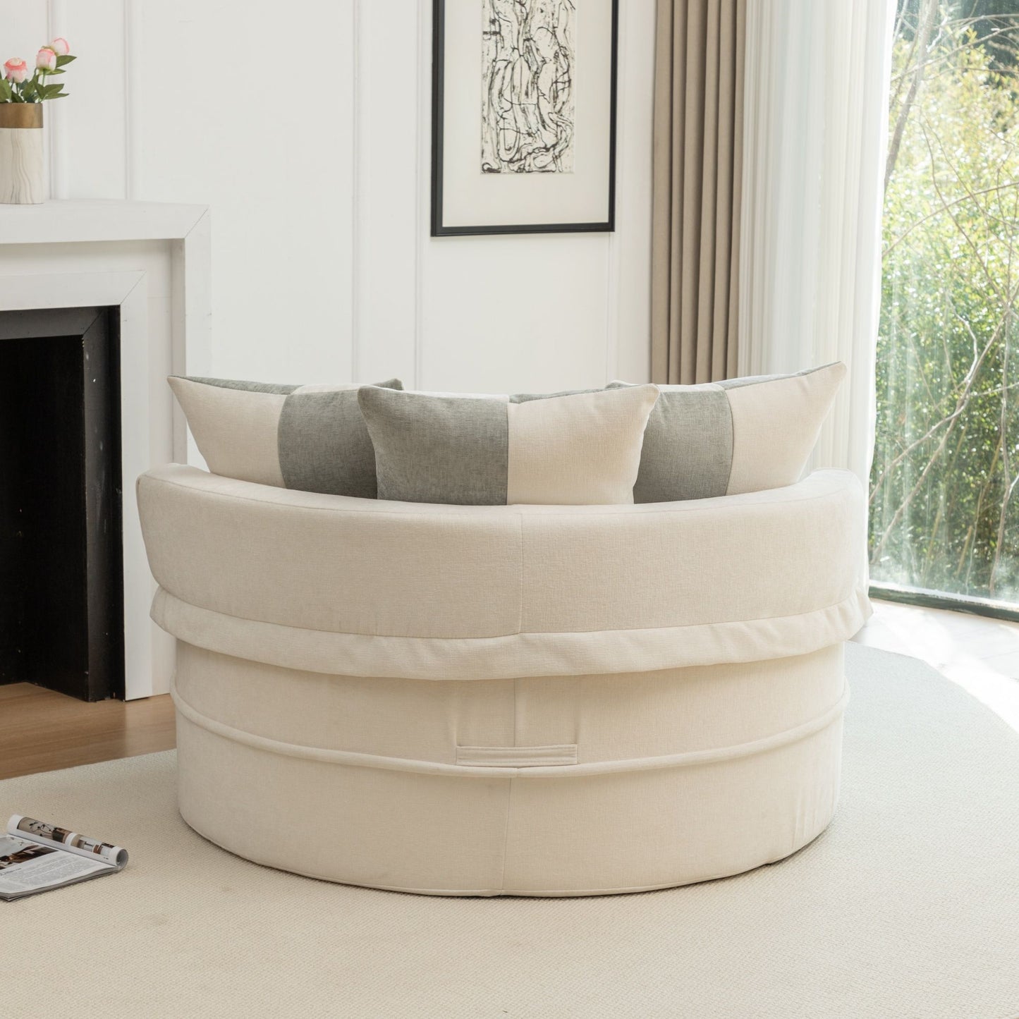 Modern Oversized Round Barrel Accent Chair With Ottoman Velvet Upholstered Lounge Armchair With 5 Pillows For Living Room Or Bedroom - Beige