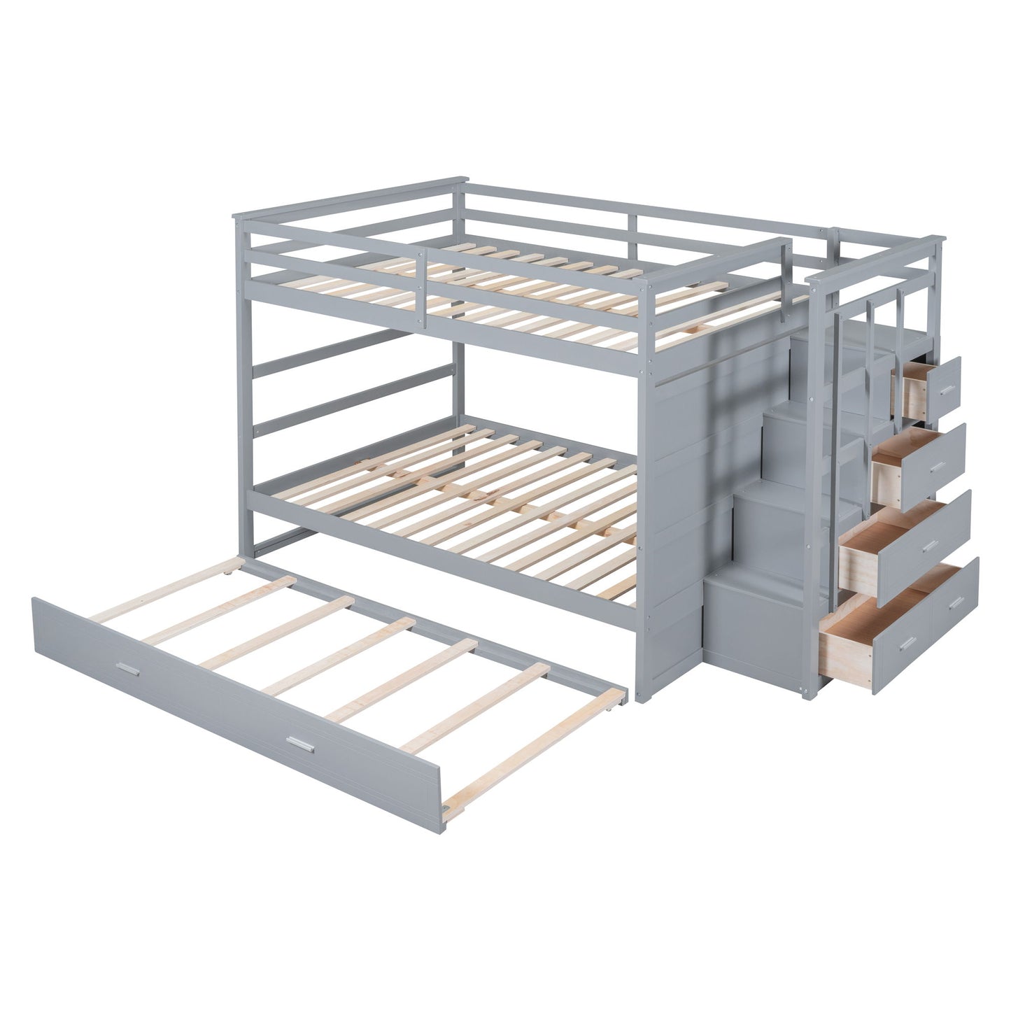 Full Over Full Bunk Bed With Twin Size Trundle And Staircase - Gray