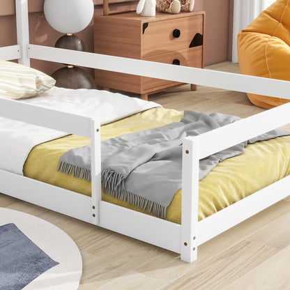 Twin Size Wood Bed With House-Shaped Headboard Floor Bed With Fences - White