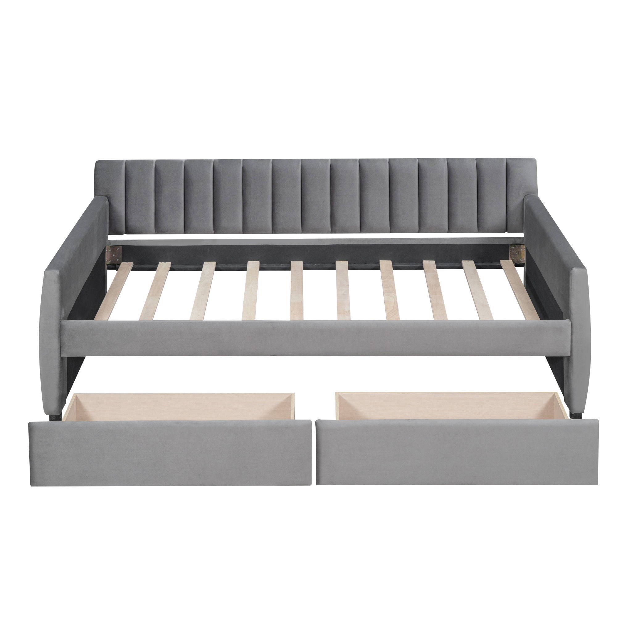 Twin Size Upholstered Daybed & Drawers, Slat Support - Gray