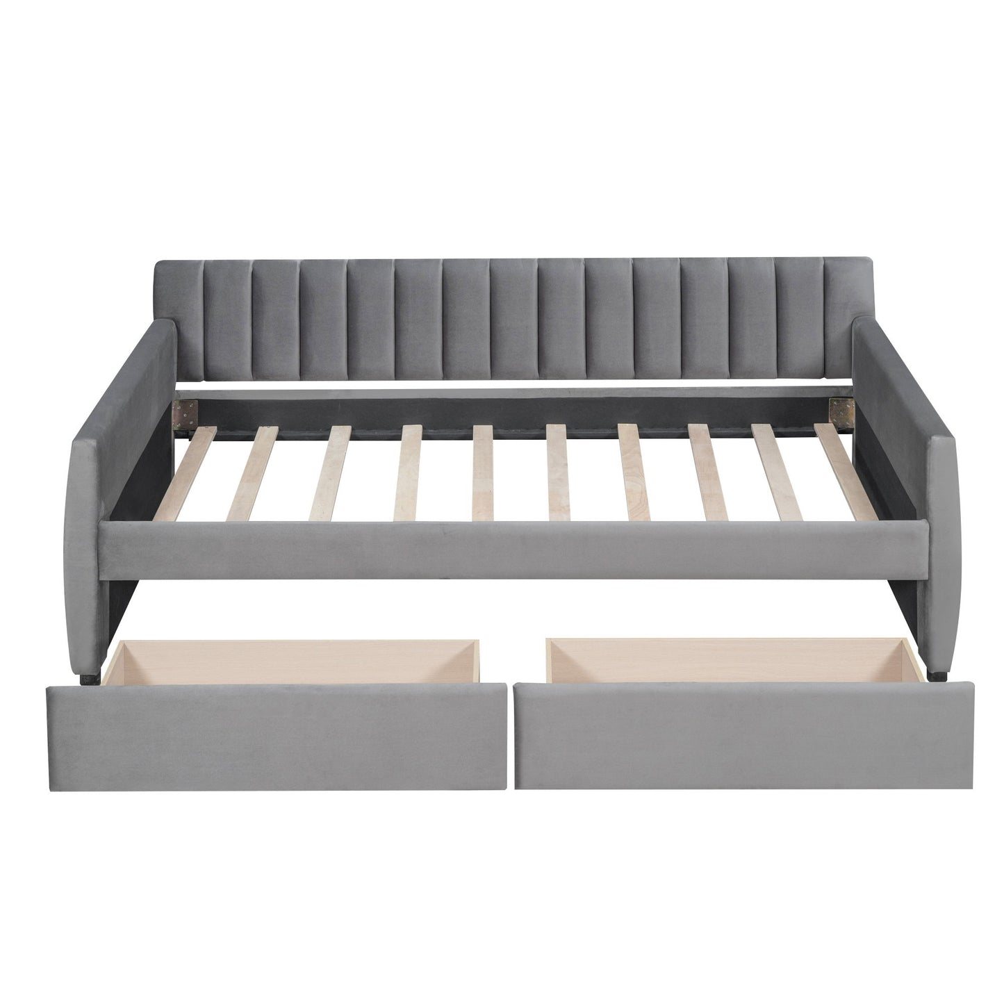 Twin Size Upholstered Daybed & Drawers, Slat Support - Gray