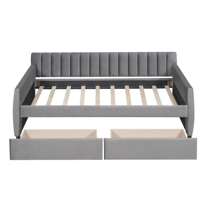 Twin Size Upholstered Daybed & Drawers, Slat Support - Gray