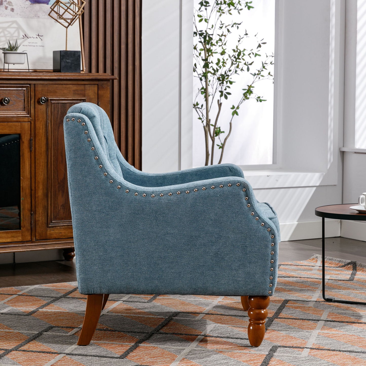 Accent Chair, Living Room Chair, Footrest Chair Set With Vintage Brass Studs, Button Tufted Upholstered Armchair For Living Room, Comfy Reading Chair For Bedroom, Reception Room - Blue