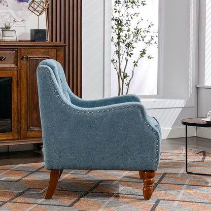 Accent Chair, Living Room Chair, Footrest Chair Set With Vintage Brass Studs, Button Tufted Upholstered Armchair For Living Room, Comfy Reading Chair For Bedroom, Reception Room - Blue