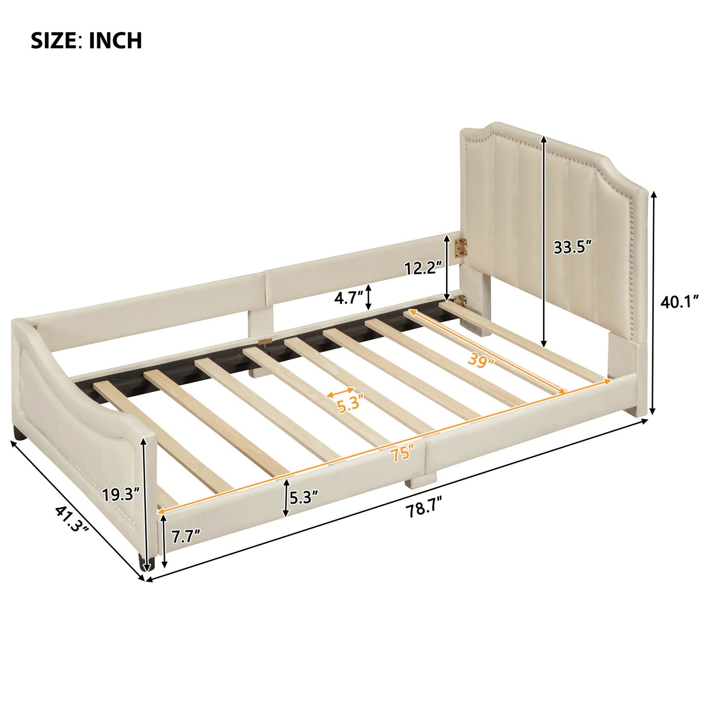 Twin Size Upholstered Daybed With Classic Stripe Shaped Headboard - Beige