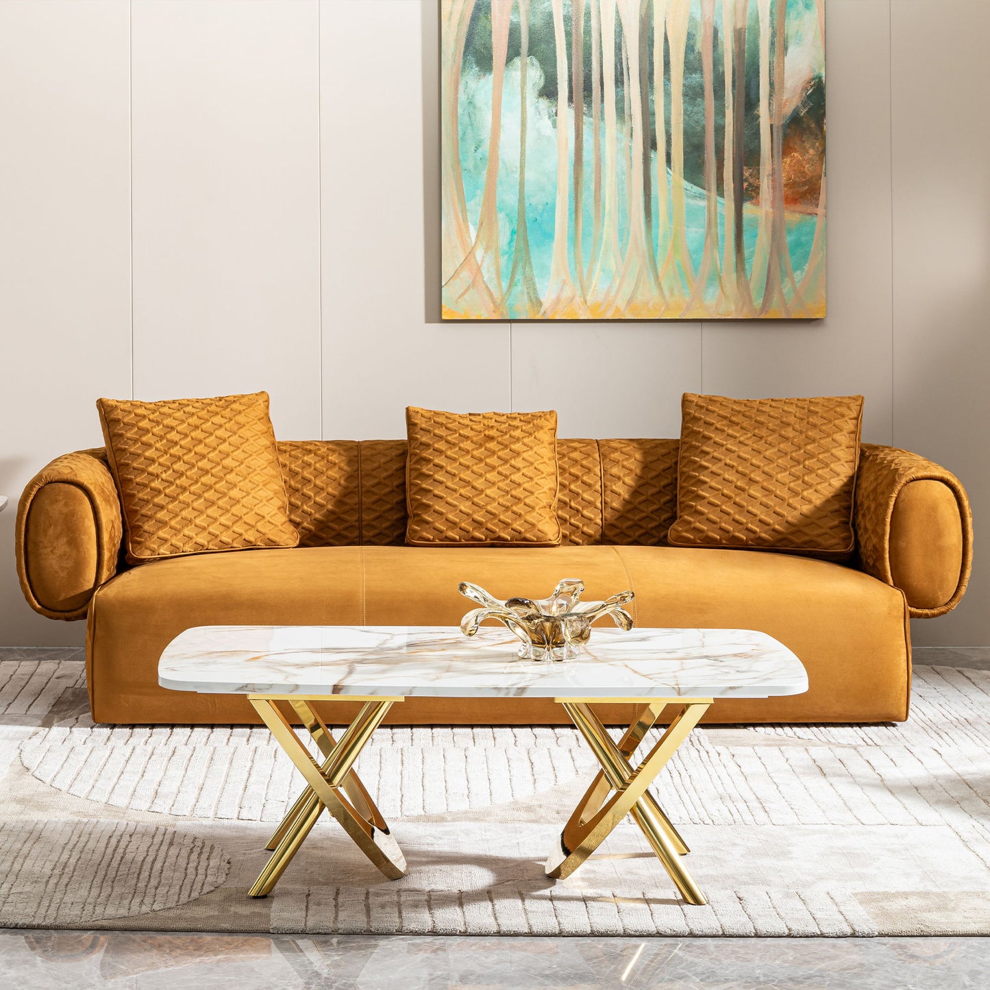 Elegant Stainless Steel Coffee Table With Marble Pattern For Living Room & Office - Gold