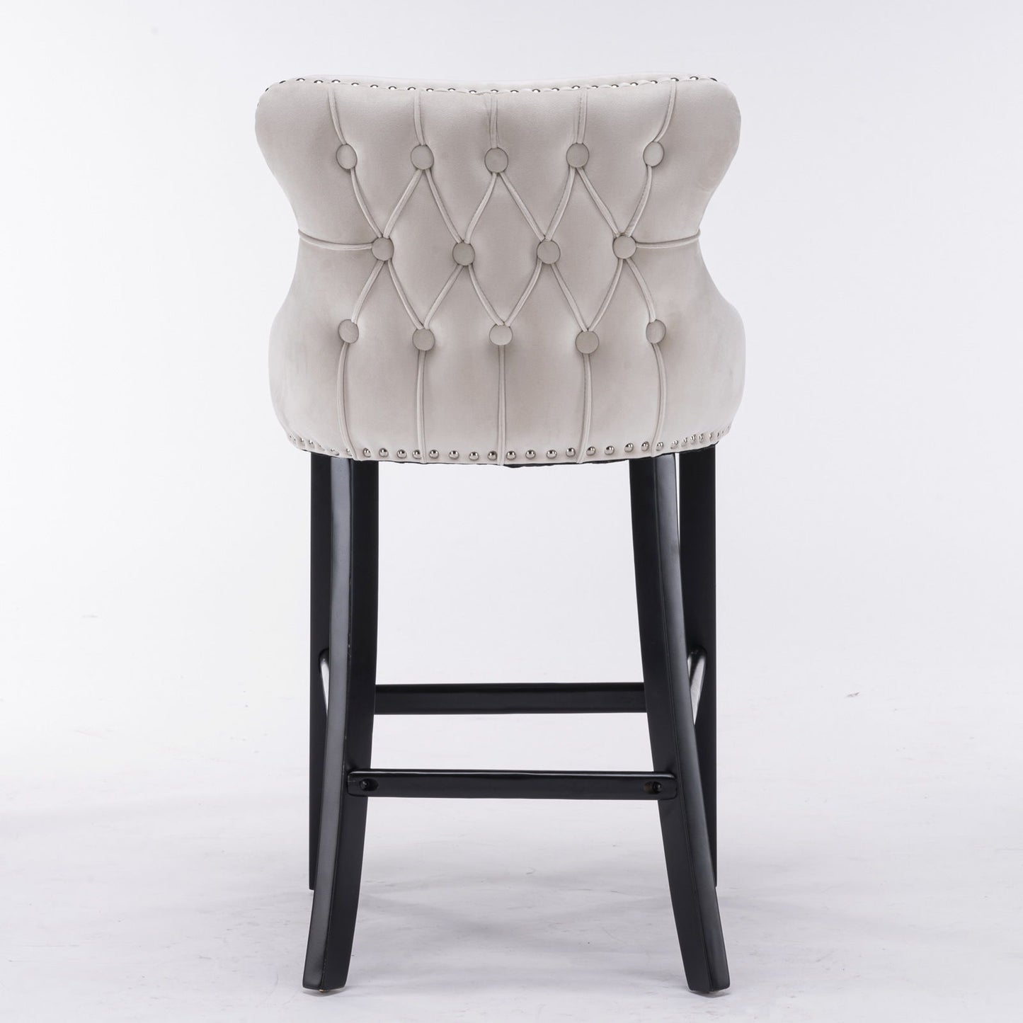 Contemporary Velvet Upholstered Wing-Back Barstools With Button Tufted Decoration And Wooden Legs, And Chrome Nailhead Trim, Leisure Style Bar Chairs, Bar Stools (Set of 4) - Beige