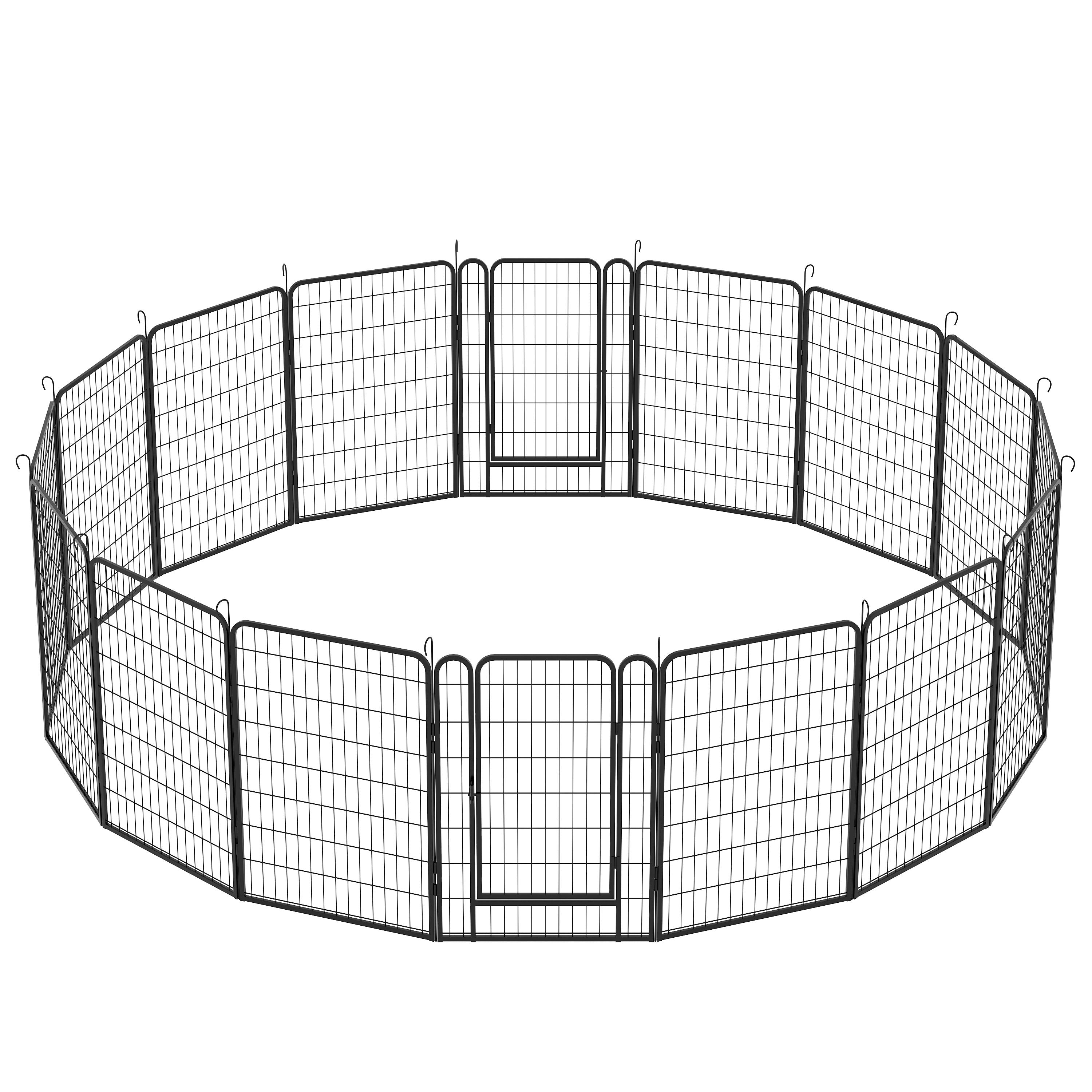 16 Panels Heavy Duty Metal Playpen With Door, Dog Fence Pet Exercise Pen For Outdoor - Black