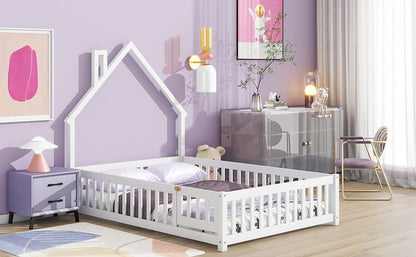 Full House-Shaped Headboard Floor Bed With Fence - White
