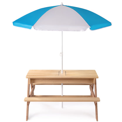 3-In-1 Kids Outdoor Wooden Picnic Table With Umbrella, Convertible Sand & Water, ASTM & CPSIA Certification - Natural Wood