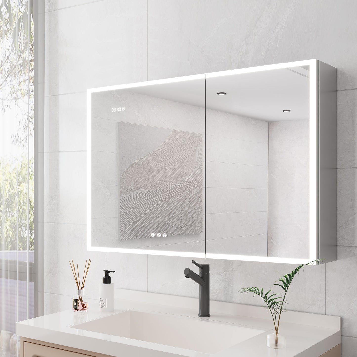 Bathroom Medicine Cabinet With Lights, LED Medicine Cabinet With Mirror, Double Door Lighted Medicine Cabinet & Defogger, Dimmer, Clock & Temp Display, 2 Outlets & USB Ports - Silver