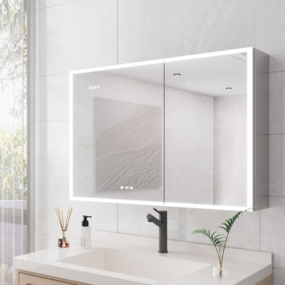 Bathroom Medicine Cabinet With Lights, LED Medicine Cabinet With Mirror, Double Door Lighted Medicine Cabinet & Defogger, Dimmer, Clock & Temp Display, 2 Outlets & USB Ports - Silver