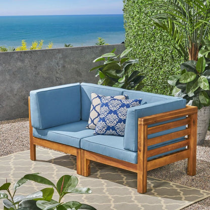 Oana - 2 Piece Love Seat Set, Acacia Wood Frame With Water Resistant Cushions - Blue