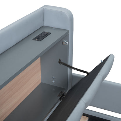 Queen & Twin Long Size Upholstered Platform Bed, Mother & Child Bed With Hydraulic Storage System, Drawer Box, Bedhead Storage Shelf And 2 Pairs Of Sockets & USB Ports - Gray