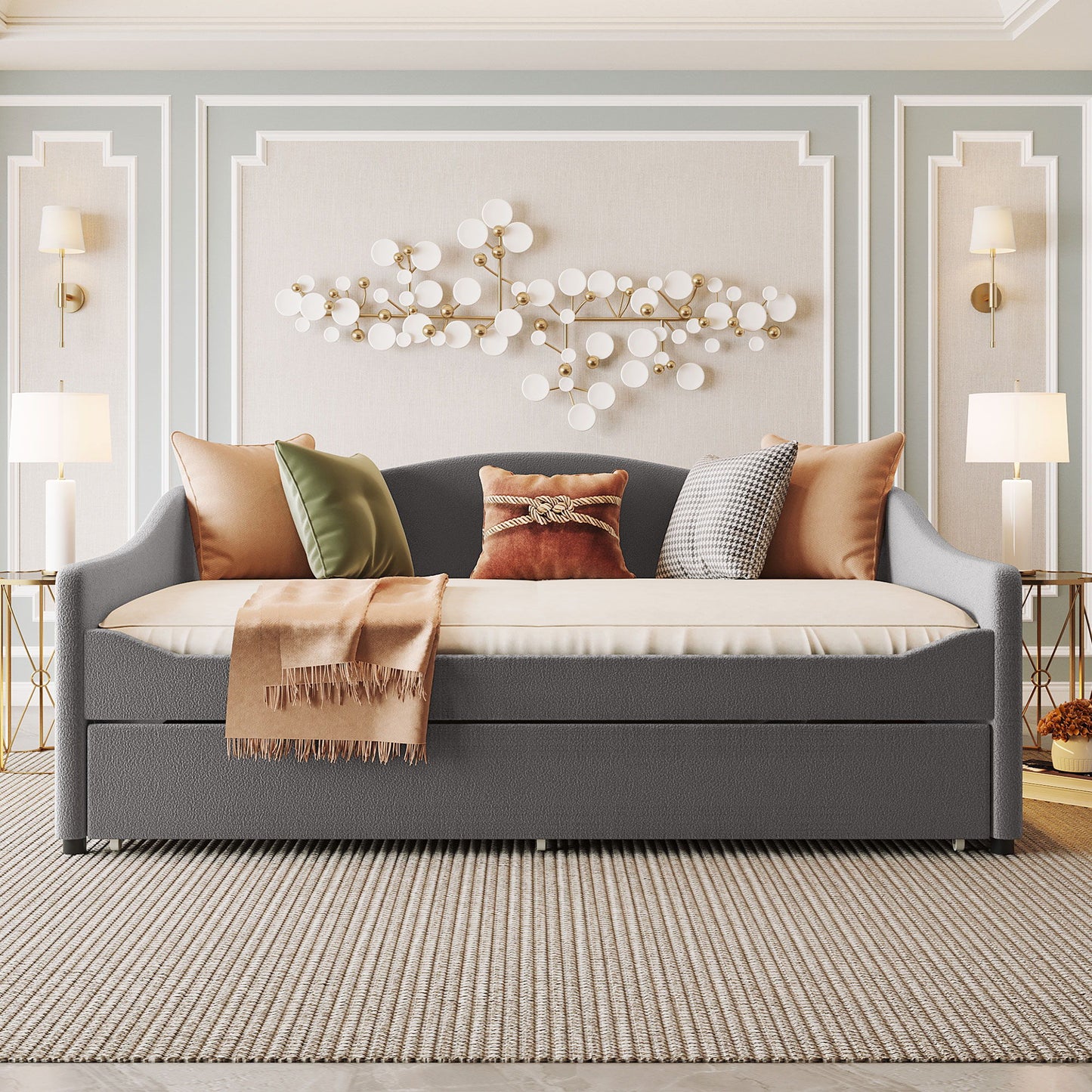 Full Size Upholstered Daybed With Light And Trundle - Gray