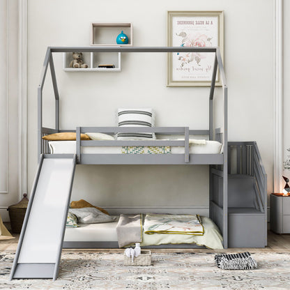 Twin Over Twin House Bunk Bed With Convertible Slide, Storage Staircase Can Be Placed Left Or Right - Gray