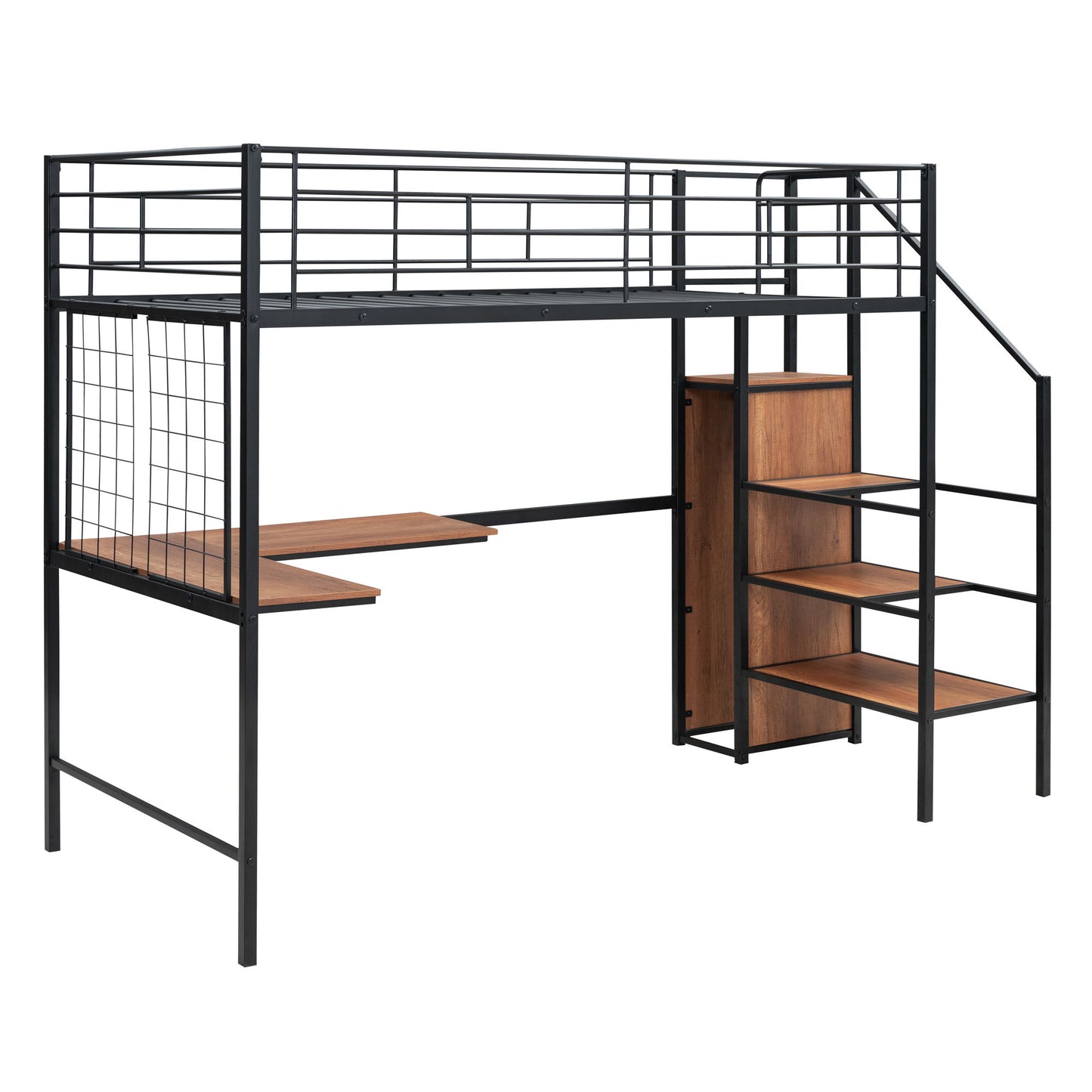 Twin Size Loft Bed With Desk And Grid, Stylish Frame With Lateral Storage Ladder And Wardrobe - Black
