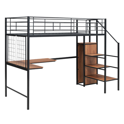 Twin Size Loft Bed With Desk And Grid, Stylish Frame With Lateral Storage Ladder And Wardrobe - Black