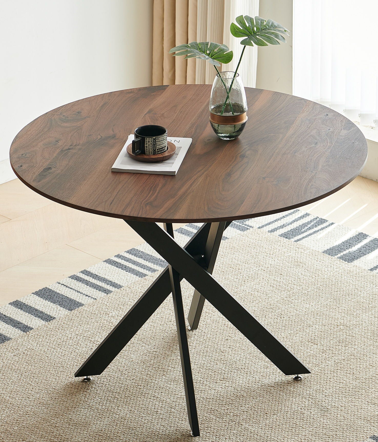 Table Mid-Century Dining Table For 4 - 6 People With Round MDF Table Top, Pedestal Dining Table, End Table Leisure Coffee Table, Cross Leg - Matte Black / Natural