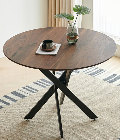 Table Mid-Century Dining Table For 4 - 6 People With Round MDF Table Top, Pedestal Dining Table, End Table Leisure Coffee Table, Cross Leg - Matte Black / Natural