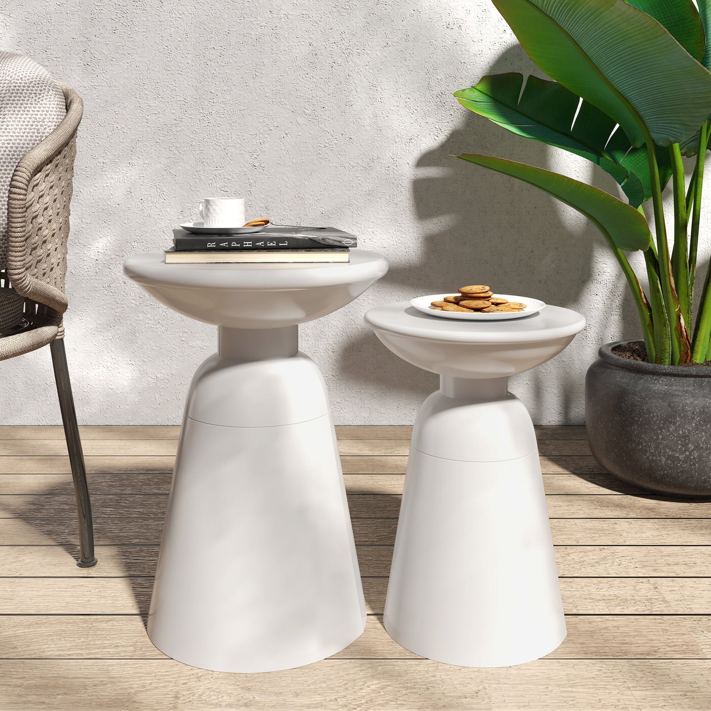 Serenita - Outdoor Iron Side Tables With Flared Design, (Set of 2) - White