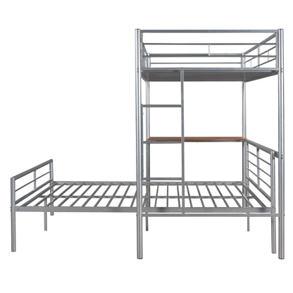 Twin Over Full Bunk Bed With Desk, Ladder And Quality Slats For Bedroom - Silver