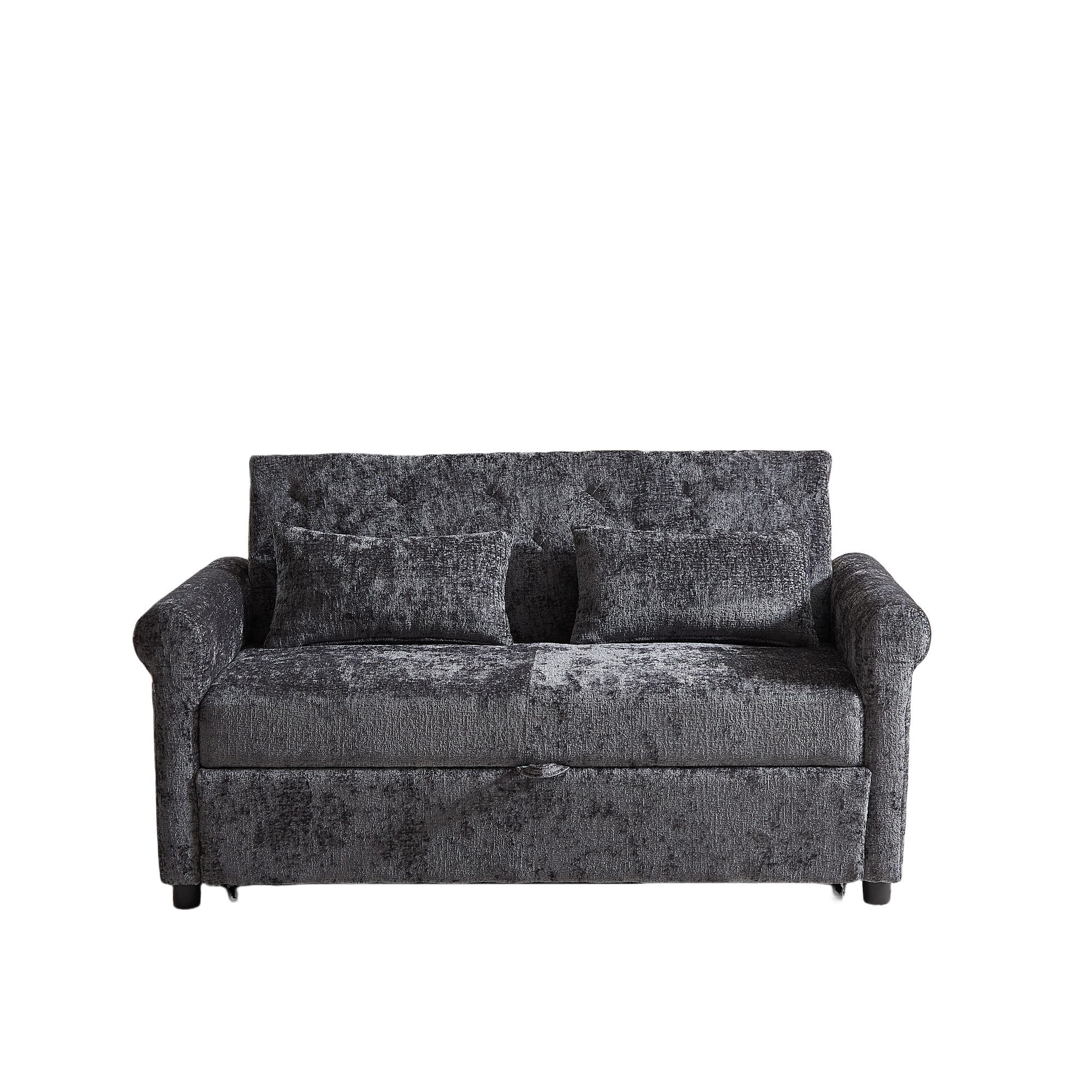 3 In 1 Loveseat Sofa Bed Chenille Fabric Pull Out Couch Sleeper Full Back Frame, Seat Frame, Armrests & 2 Pillows - Dark Gray