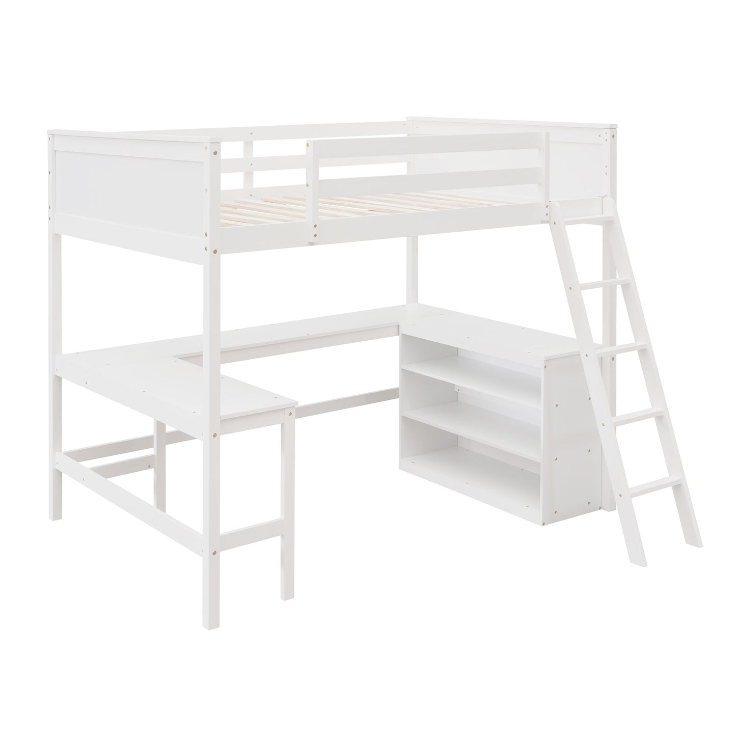 Full Size Loft Bed With Shelves With Desk - White