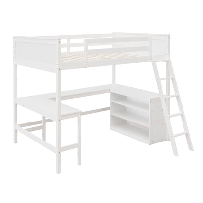 Full Size Loft Bed With Shelves With Desk - White