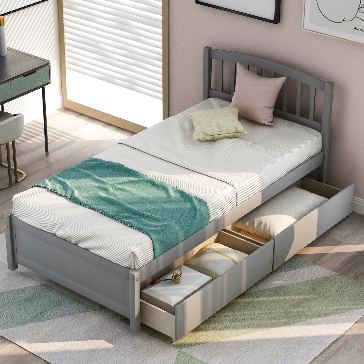 Twin Platform Storage Bed Frame With Two Drawers And Headboard - Gray