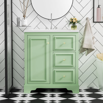 Bathroom Vanity Cabinet With Ceramic Basin, 3 Drawers And Adjustable Shelves - Green