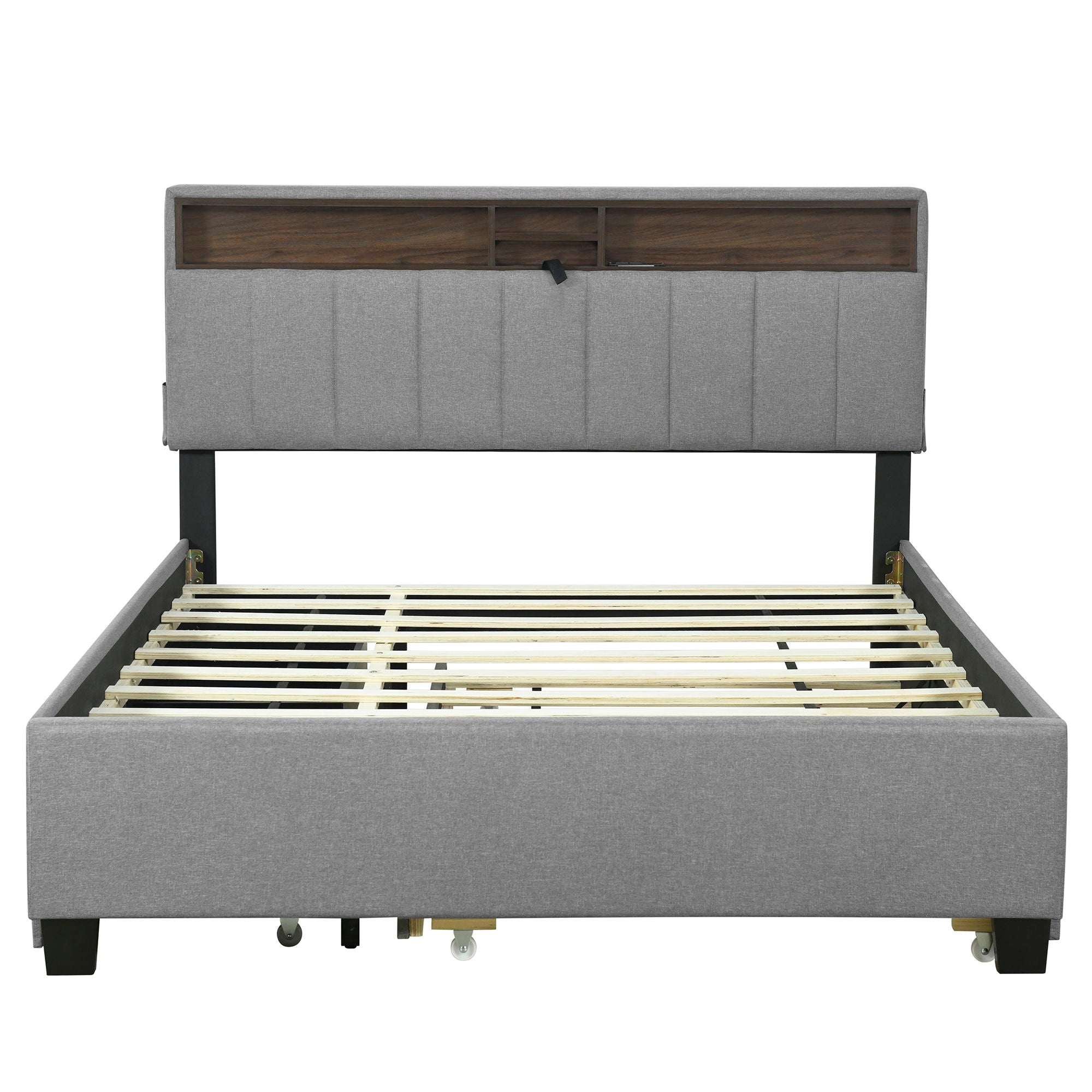 Queen Size Upholstered Platform Bed With Storage Headboard, Twin Long Size Trundle & 2 Drawers And A Set Of Sockets & USB Ports - Gray