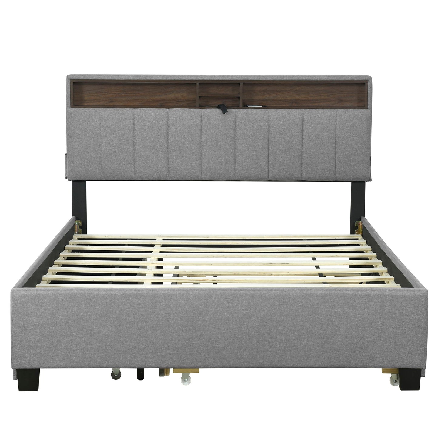 Queen Size Upholstered Platform Bed With Storage Headboard, Twin Long Size Trundle & 2 Drawers And A Set Of Sockets & USB Ports - Gray
