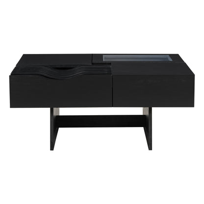 Mid Century Modern Coffee Table, Unique Square Wooden Coffee Table With 3 Drawers, Tempered Glass And Solid Wood Legs For Living Room - Black