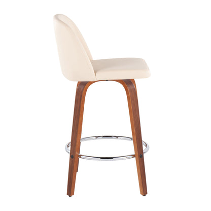 Toriano - Mid-Century Modern Fixed-Height Counter Stool & Round Footrest (Set of 2) - Walnut / Cream